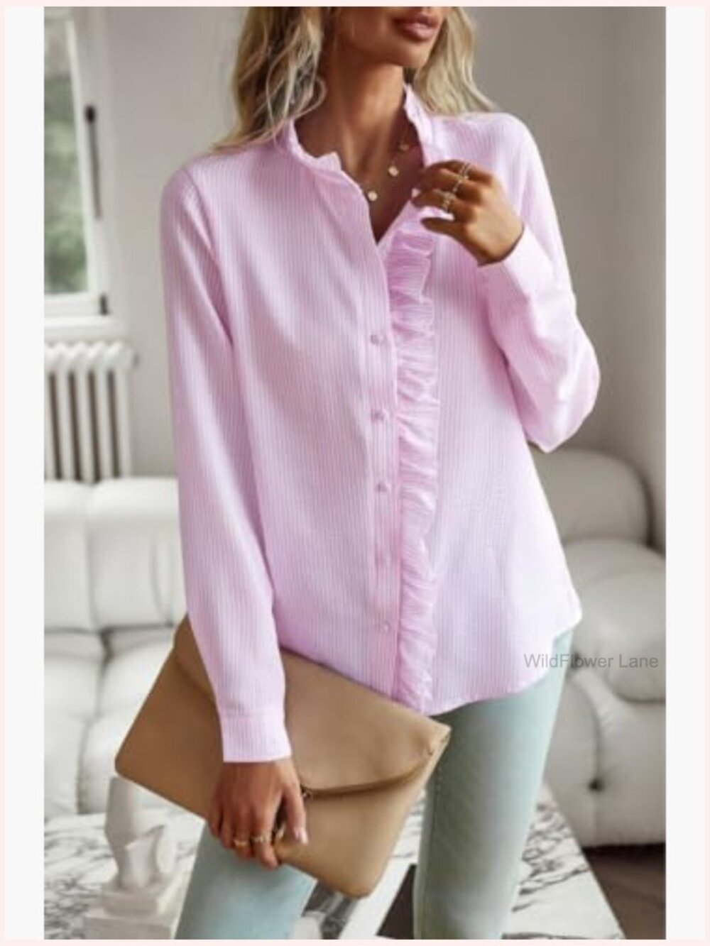 Ruffle Trim Button Up Long Sleeve Blouse Top Stand Collar Work Shirt - Picture 2 of 6